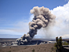 Small collapses and rockfalls continue within Kīlauea's summit vent, often resulting in dusty brown plumes; molten lava in the vent produces a nighttime glow visible from the Jaggar Museum overlook 